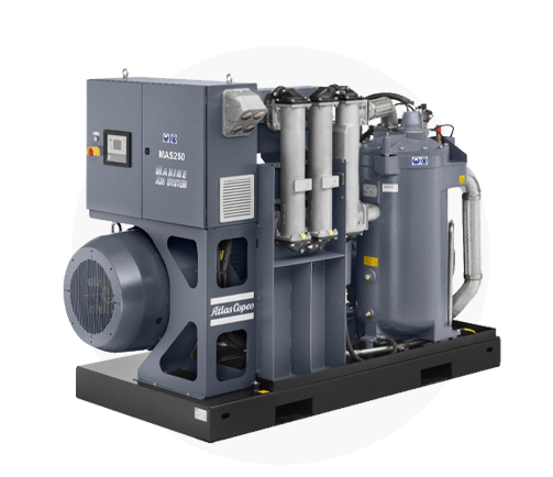 MAS Series oil-injected screw compressor by Atlas Copco, designed for marine applications. Official distributor _MPCC